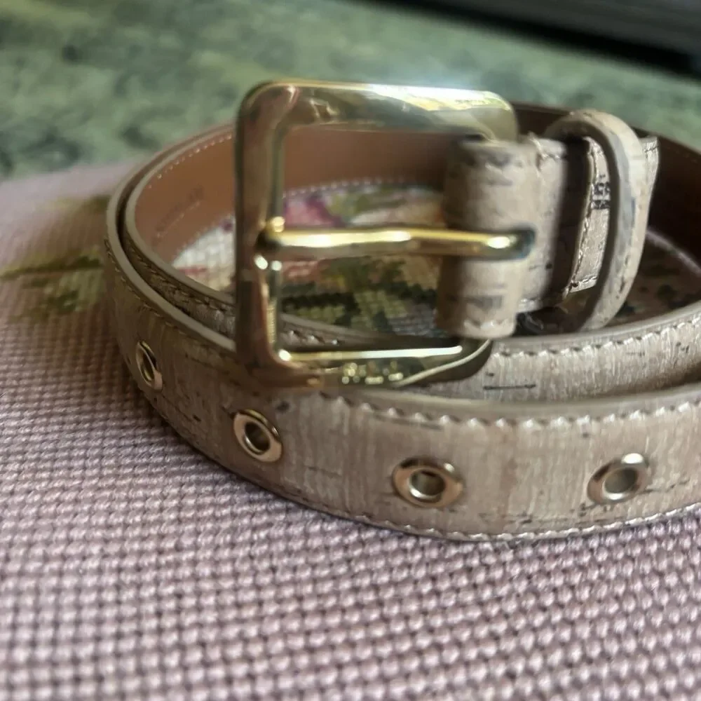 Vtg y2k Ralph Lauren Natural Cork Belt Gold LRL Engraved Logo Metal Buckle Sz S